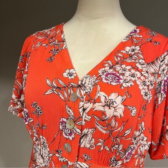 Button down floral blood orange short sleeve dress - Picture 3 of 15